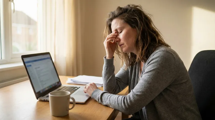 Utrujena ženska za računalnikom doživlja popoldanski padec energije