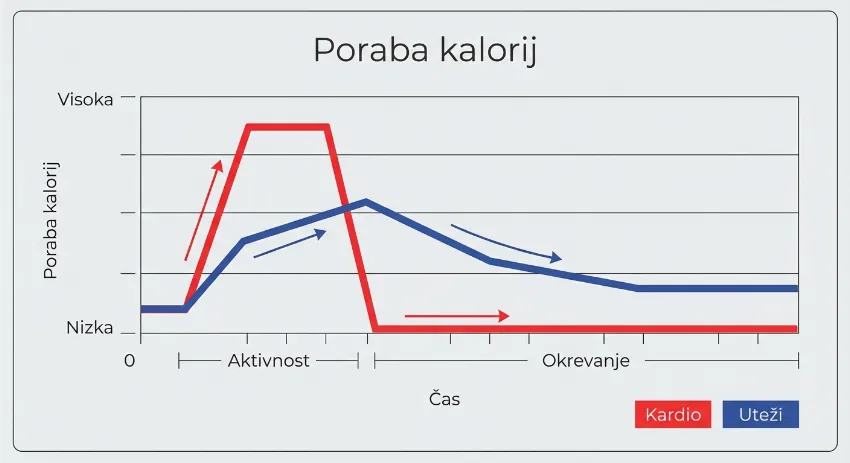 Graf primerjave porabe kalorij med kardiem in utežmi