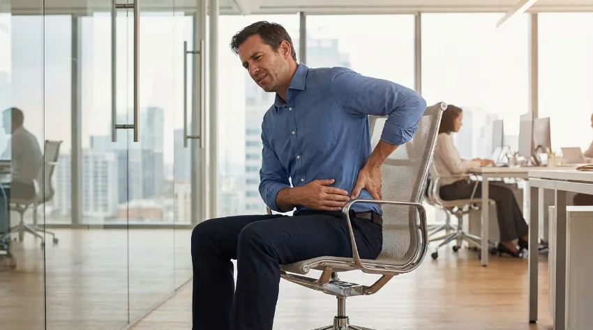 Moški sedi v pisarni in čuti zategnjenost v kolkih zaradi sedenja