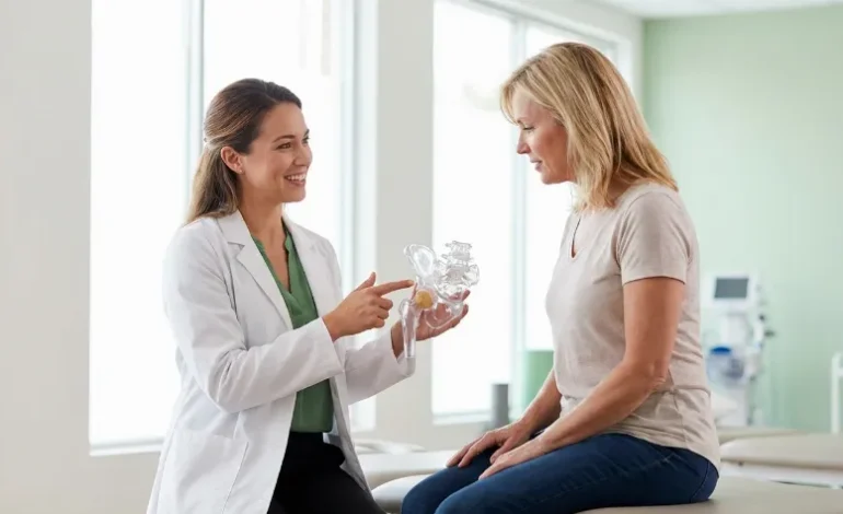 Fizioterapevtka pojasnjuje anatomijo kolka pacientki v sodobni ambulanti