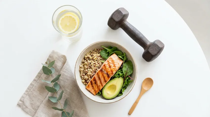 Zdrav obrok in utež na mizi