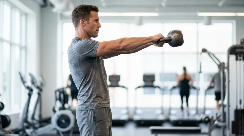 Moški izvaja vajo gugalnica oziroma swing s pravilno tehniko