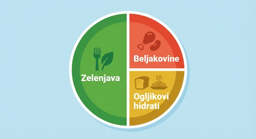 Infografika prikazuje razdelitev krožnika na zelenjavo, beljakovine in ogljikove hidrate