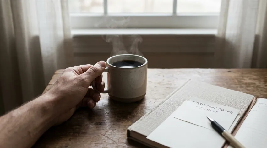 Skodelica črne kave in planer za beleženje napredka