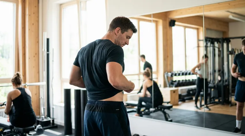 Moški v fitnesu preverja napredek trebušnih mišic v ogledalu
