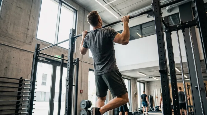 Fitnes navdušenec izvaja zgibe na drogu.