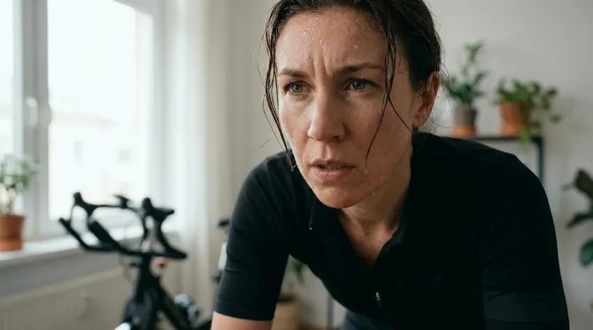 Poten obraz kolesarke med naporno vadbo na sobnem kolesu, ki prikazuje učinke pregrevanja.