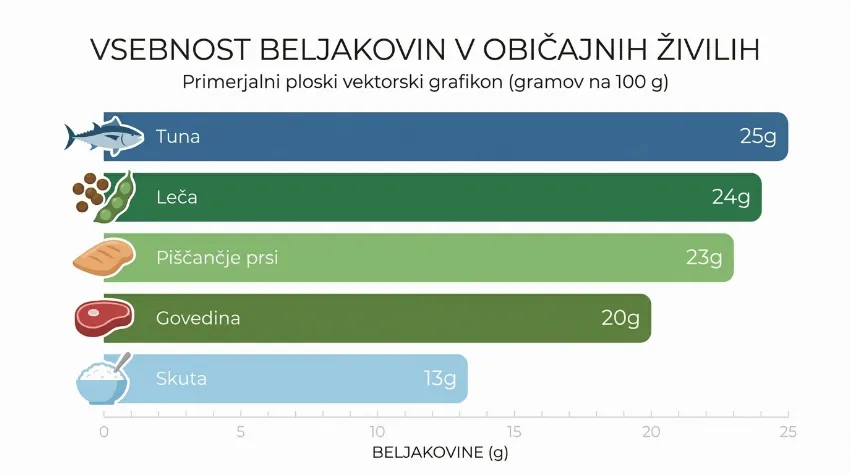 Infografika vsebnosti beljakovin v piščancu, tuni, govedini, leči in skuti