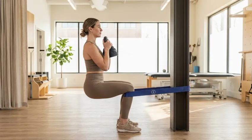 Prikaz izvedbe vaje španski počep z elastiko za rehabilitacijo kolena