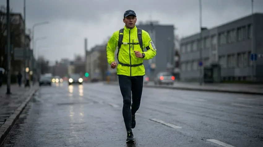 Tekač v neonsko rumenih oblačilih in z odsevniki ob cesti