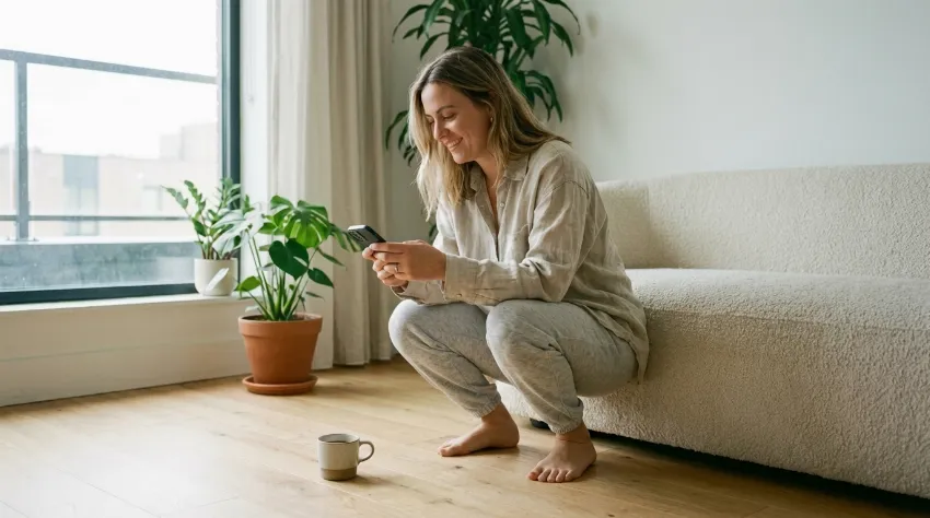 Ženska sproščeno čepi na tleh med uporabo pametnega telefona