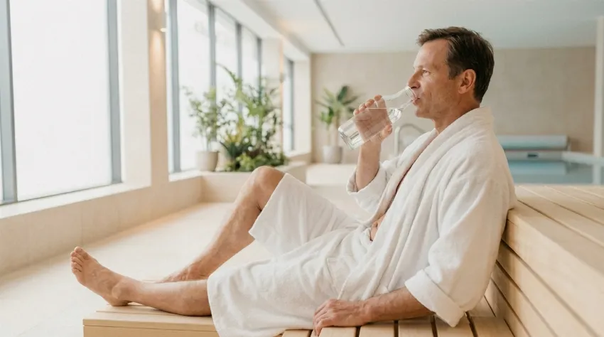 Moški pije vodo po savnanju