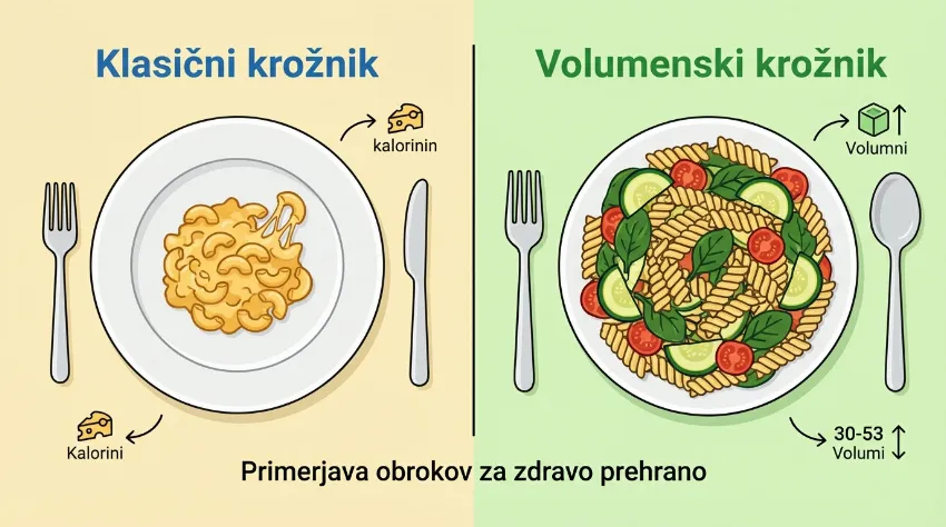 Infografika primerja testenine s sirom in testenine z veliko zelenjave