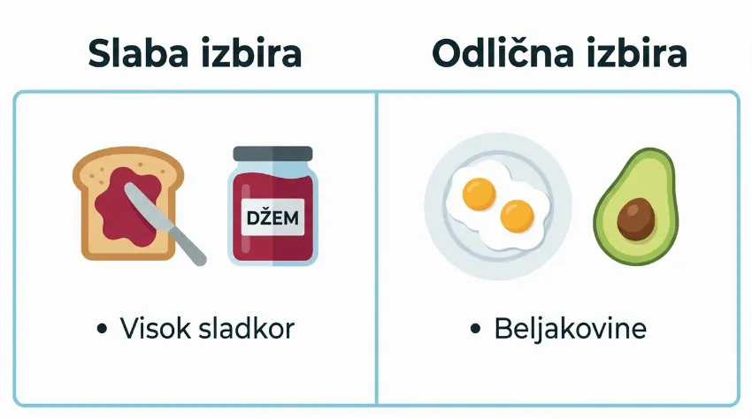 Infografika primerjave med sladkim in beljakovinskim zajtrkom