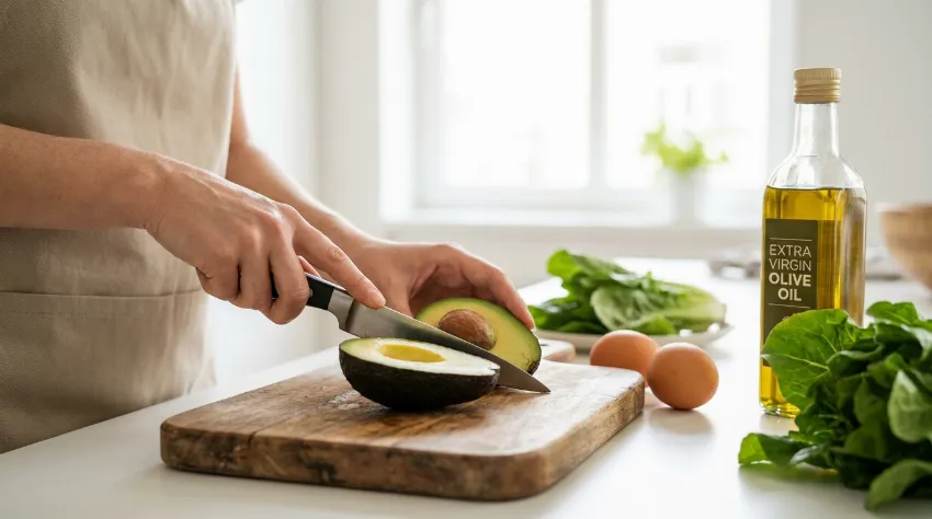 Priprava zdravega obroka z avokadom in olivnim oljem v svetli kuhinji.