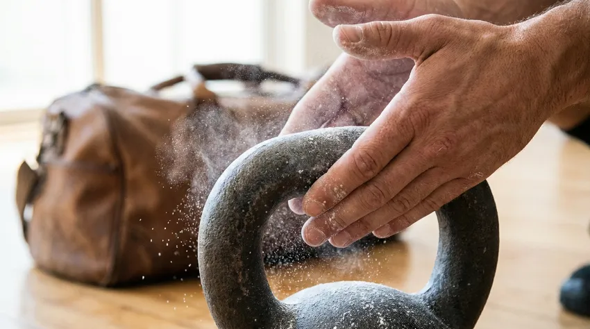 Nanašanje magnezija na ročaj kettlebell uteži za boljši oprijem