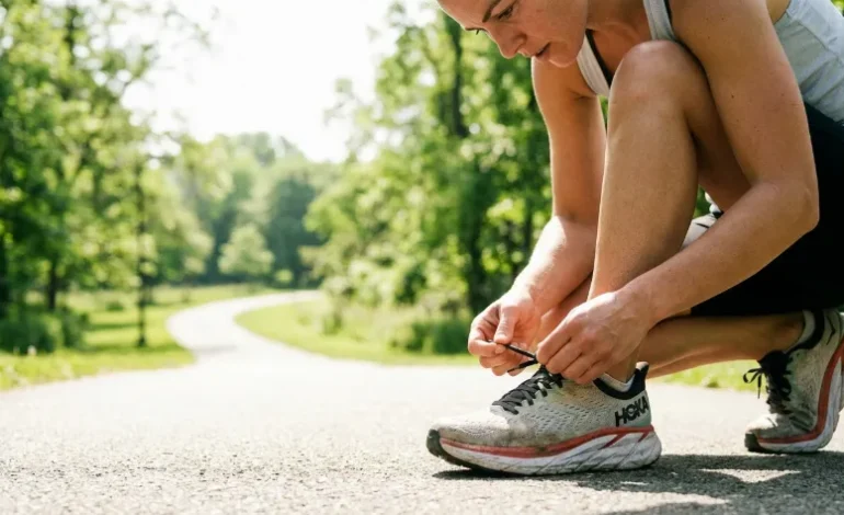 Tekač si zavezuje vezalke na tekaških copatih pred začetkom treninga