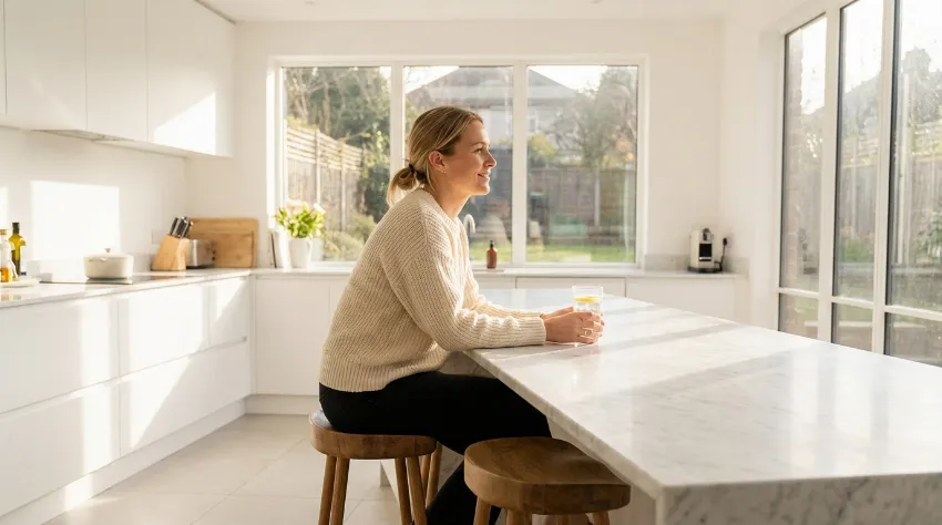 Ženska pije vodo v svetli kuhinji in se psihično pripravlja na post