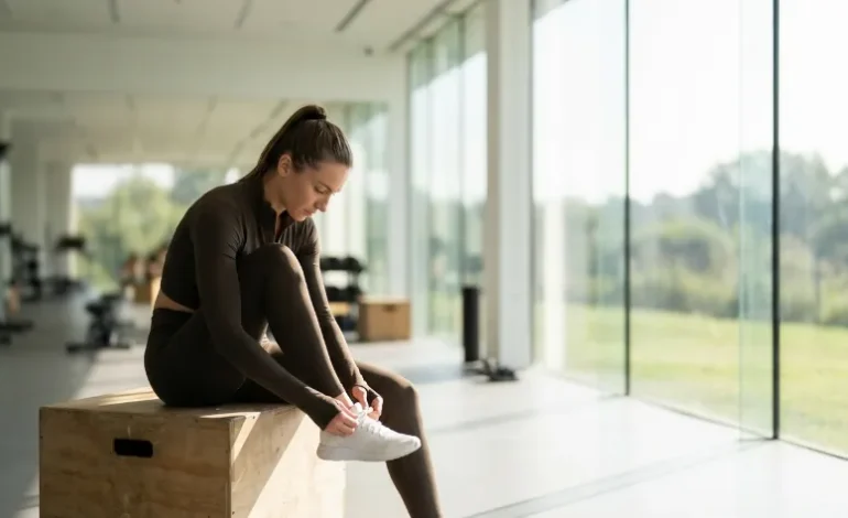 Ženska v športnih oblačilih se pripravlja na funkcionalno vadbo v svetlem fitnesu