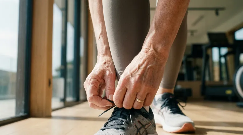 Starejša ženska si zavezuje tekaške copate v fitnesu