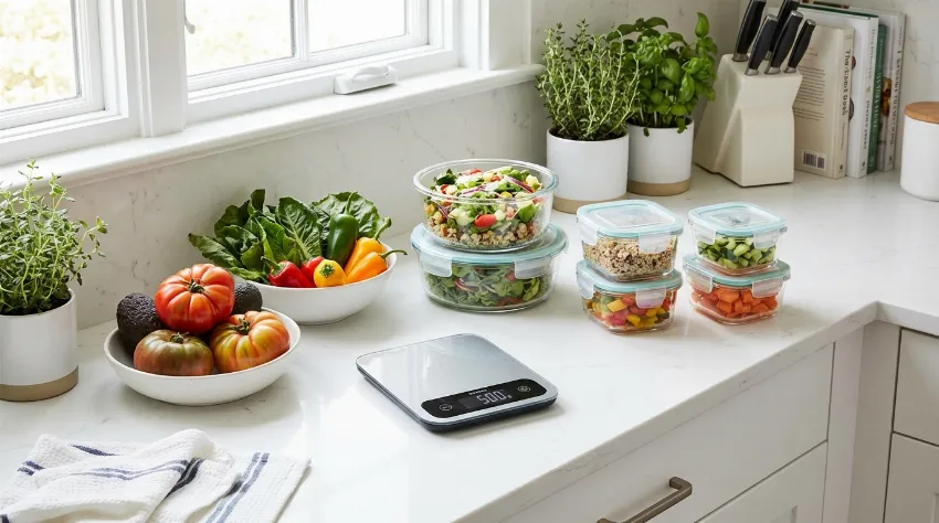 Urejena kuhinja z zdravo hrano in zelenjavo