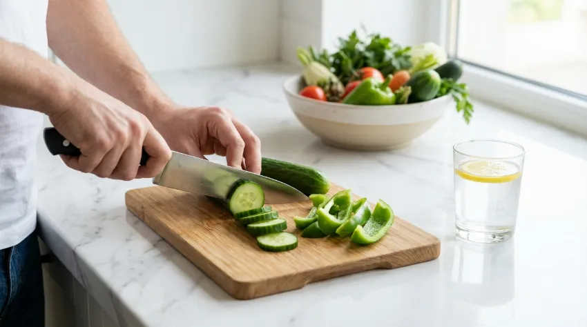 Priprava zdravega obroka z zelenjavo in vodo