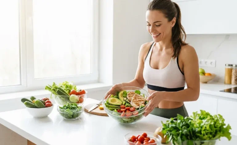 Ženska pripravlja zdravo solato s piščancem v svetli kuhinji