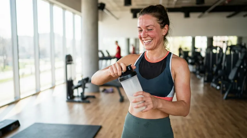 Ženska pije proteinski napitek po vadbi v fitnesu