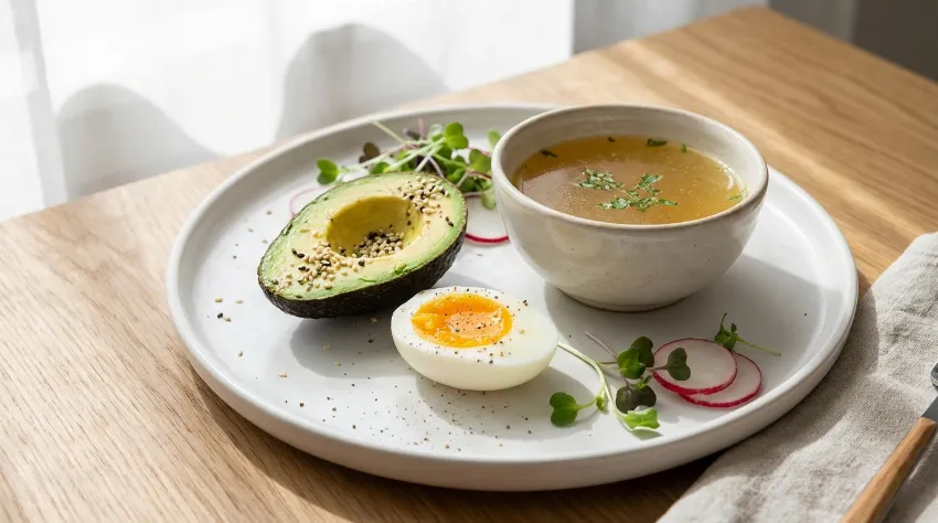 Krožnik z avokadom, jajcem in kostno juho za prekinitev posta