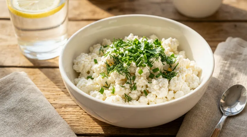 Skleda puste skute z zelišči pripravljena za zajtrk