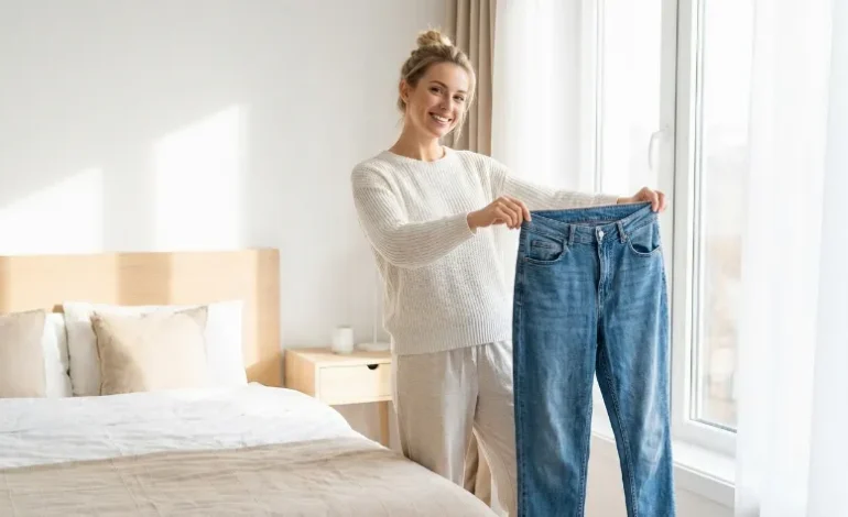 Ženska z ohlapnimi kavbojkami kaže raven trebuh