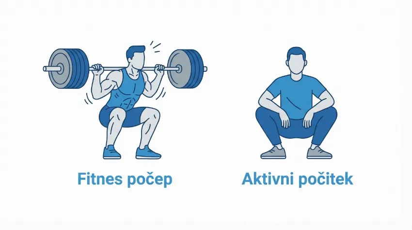Infografika prikazuje razliko med fitnes počepom in globokim počepom za počitek