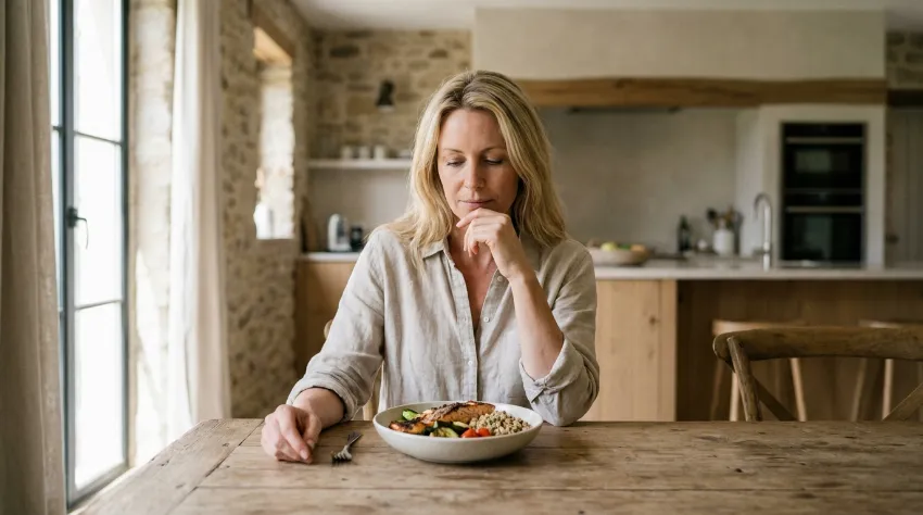 Ženska v kuhinji premišljuje o svojem obroku