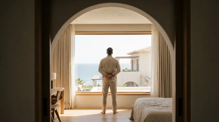 Moški izvaja raztezno vajo za prsni koš in ramena