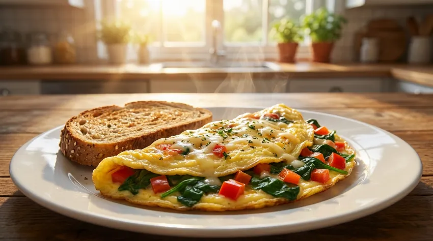 Pripravljena omleta z zelenjavo in kosom kruha