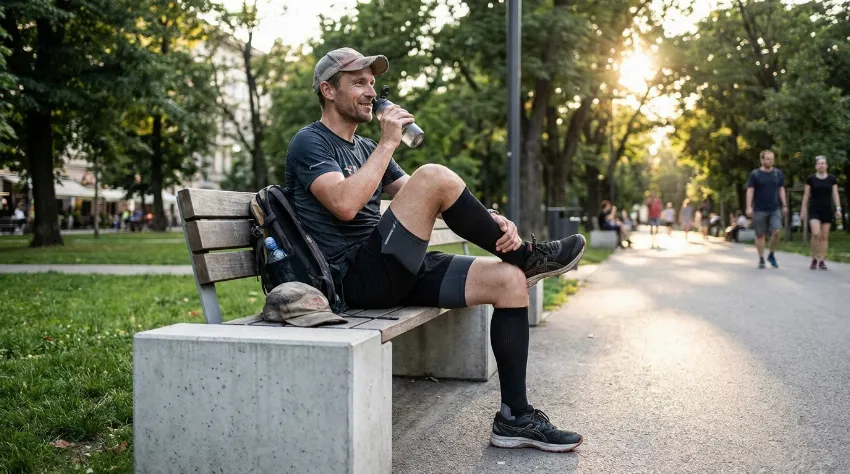 Tekač počiva na klopi po treningu v kompresijskih nogavicah