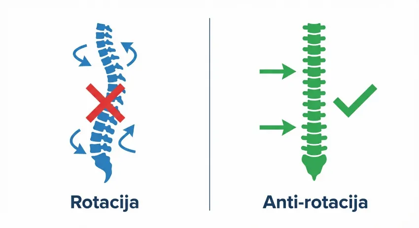 Infografika prikazuje razliko med rotacijo in anti-rotacijo hrbtenice