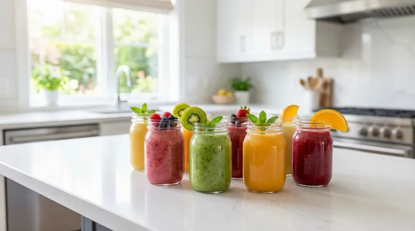 Raznobarvni sadni smutiji na kuhinjskem pultu