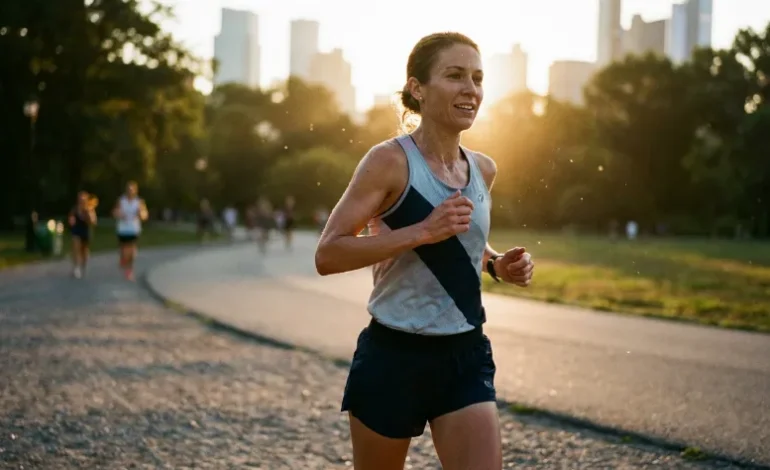 Samozavesten tekač med tekom v sončnem jutru