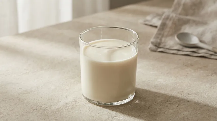 Kozarec beljakovinskega napitka iz sirotke na kuhinjskem pultu.
