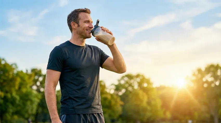 Moški pije beljakovinski napitek po vadbi na prostem