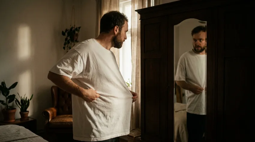 Moški preverja ohlapna oblačila pred ogledalom