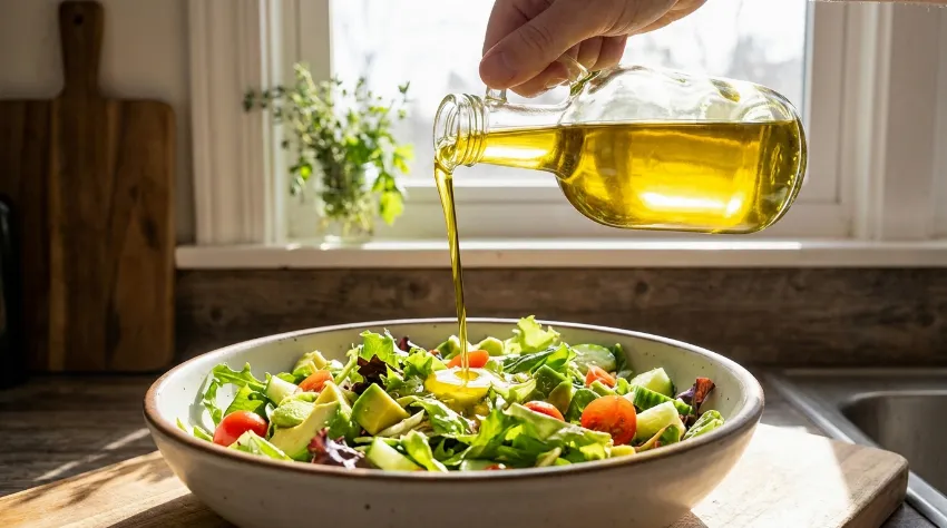 Prelivanje olivnega olja na svežo solato