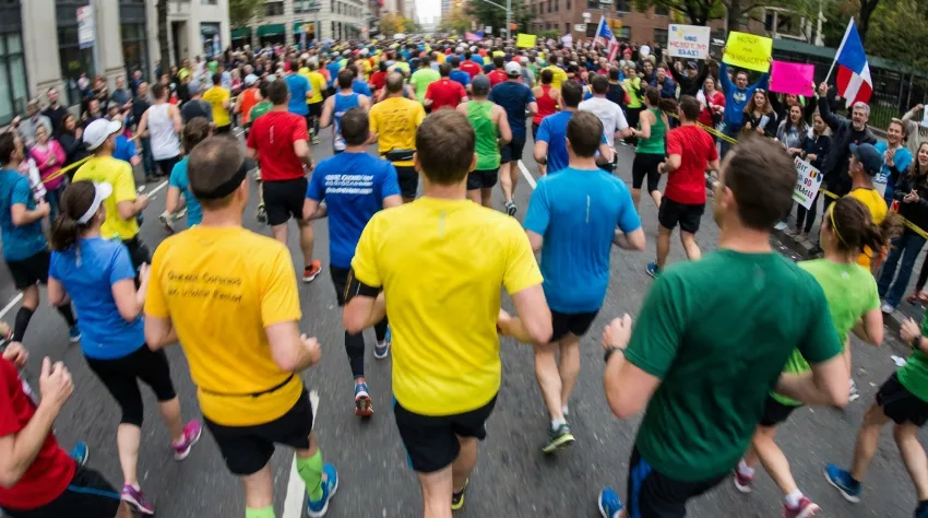 Skupinski tek na maratonu z navijači ob progi