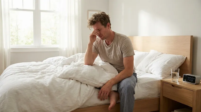 Utrujen moški sedi na postelji zjutraj