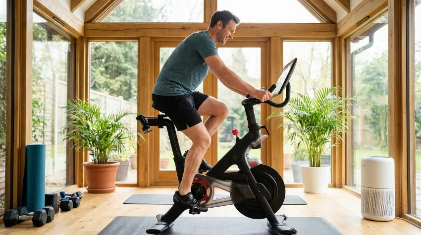 Moški na sobnem kolesu v domači telovadnici