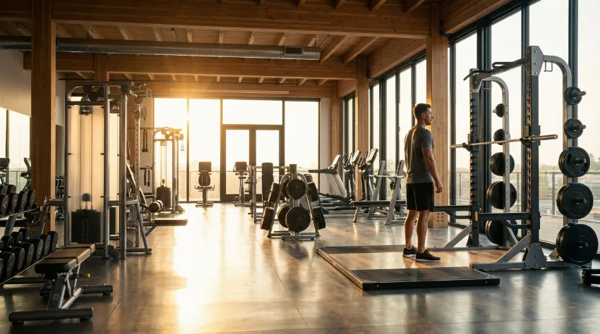 Sodoben fitnes studio z utežmi in naravno svetlobo