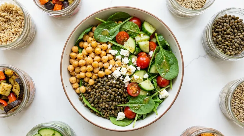 Sveža solata s čičeriko in lečo v beli skledi