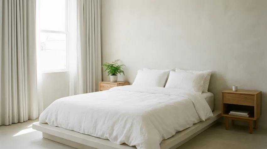 Minimalistična spalnica urejena za dober spanec