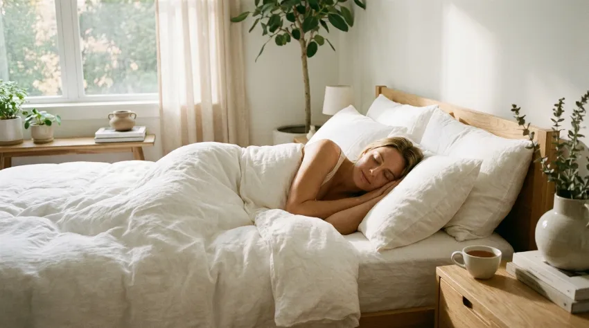 Ženska mirno spi v svetli spalnici